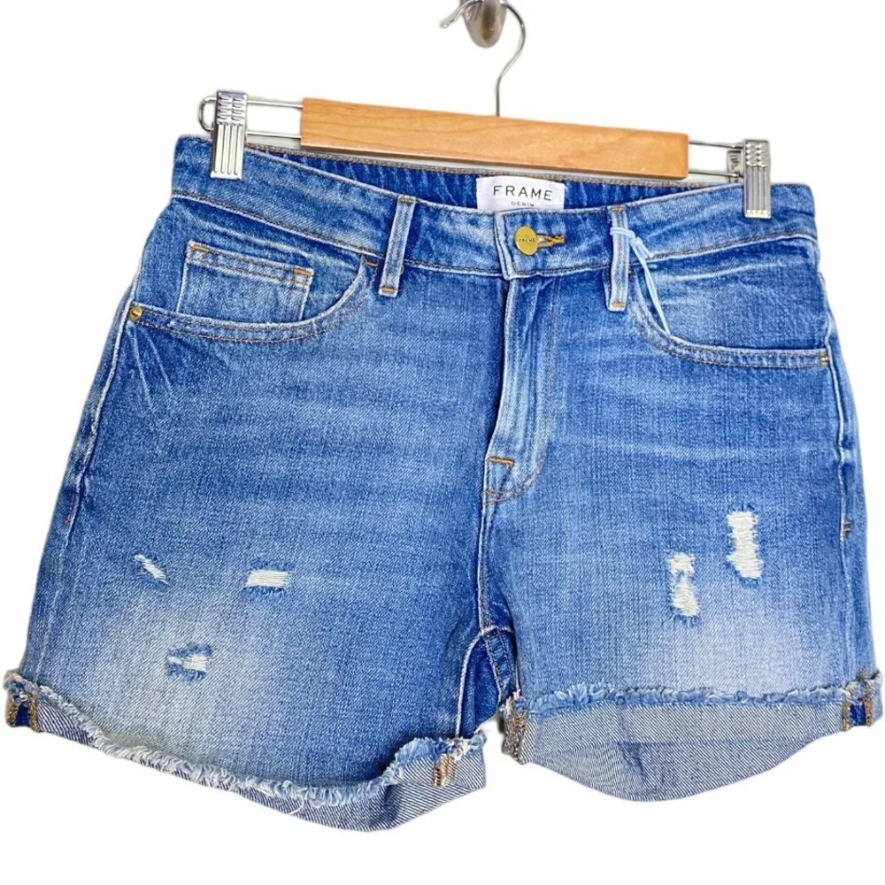 ✨NWT Frame Renton Wash Distressed Le Grand Garcon Denim Jean Shorts Size 24 - Picture 2 of 9